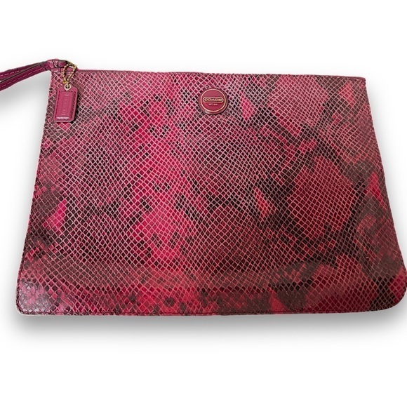 Coach Handbags - Coach F66413 PEYTON Leather RASPBERRY snake embossed pouch clutch Make Up bag